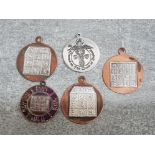Hallmarked silver talisman pendant to ensure health and wealth together with 4 more in bronze and