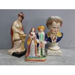 3 Staffordshire figures including one of purity, bust of child and middle eastern couple