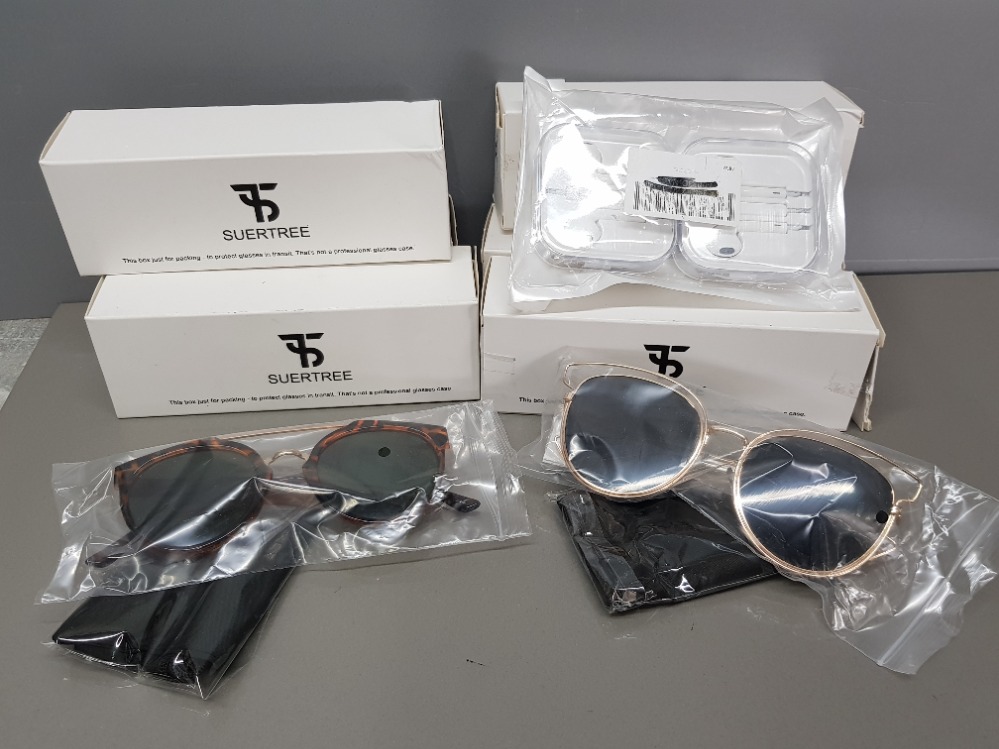 6× boxed pairs of suertree sunglasses + 2 pairs of iPhone earphones