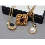 3 gold plated pendants, 1 set garnet, and chains (total 16.5g)