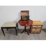 A Stag piano stool, occasional table, small storage unit and mosiac style box.