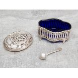 A silver salt with blue glass liner and a silver spoon, together with a silver plated snuff box.