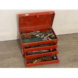 Red metal 3 drawer tool chest containing mixed hand tools, mainly spanner's etc