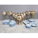 Selection of blue wedgwood jasper ware plus 10 metal goblets