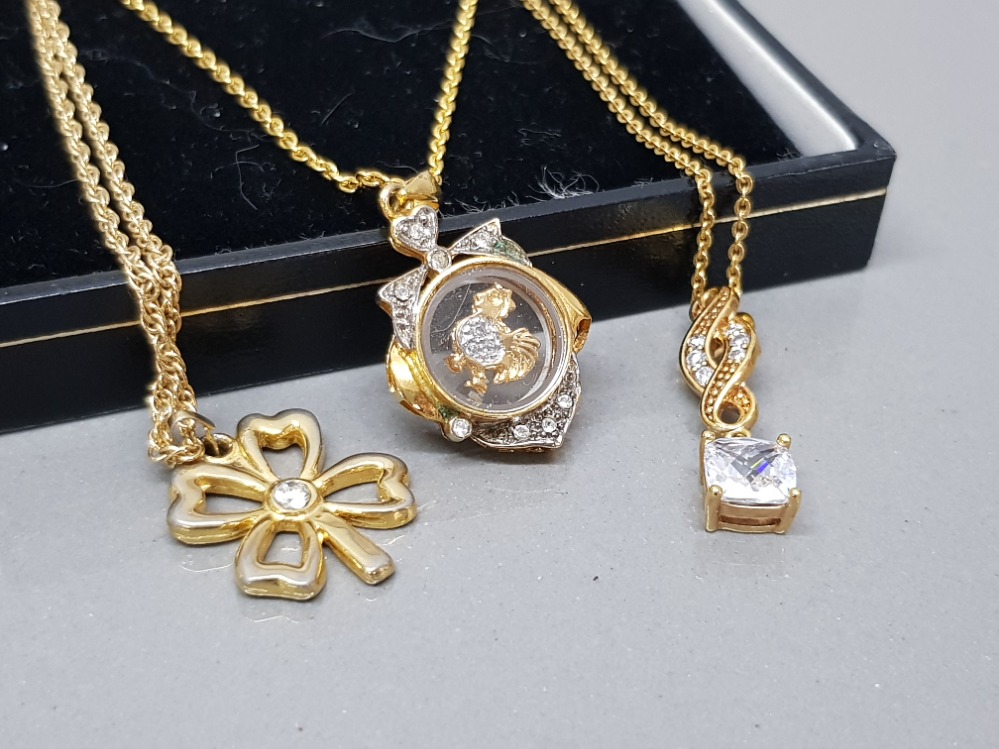 3 gold plated pendants set CZ and chains (total 15.4g)
