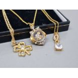 3 gold plated pendants set CZ and chains (total 15.4g)