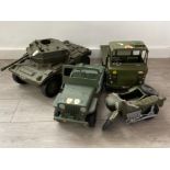 4 large vintage Action man military vehicles including tank, truck, jeep and motor bike