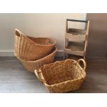3 wicker baskets and small shelving