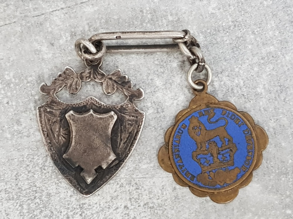 Bronze and enamel King of the Britons defender of the faith fob 1820-1830 together with Hallmarked