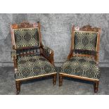 Well presented Victorian His and hers Walnut open armchairs on casters