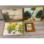 4 framed oriental style oil on board paintings