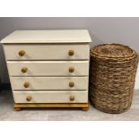 Painted pine 4 drawer chest and large wicker laundry basket