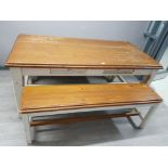 A country pine kitchen table and two matching benches, table measures 180 x 90 x 80cm.