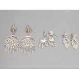 Three pairs of silver earrings of various designs, 27.6g.