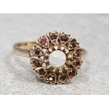 9k yellow gold ruby cluster ring, size N, 2.5g gross