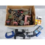 Box of G clamps and Die cast toys also includes padlocks with keys