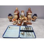 A box of miscellaneous to include 2 marble effect vases animal figures cutlery etc
