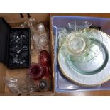 2 boxes of miscellaneous glassware including set gold edge plates, joblings dish, sugar caster,