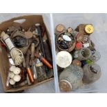 Large tub of nails, screws etc together with box of old tools, last etc