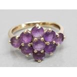 9k yellow gold amethyst cluster ring, size N, 3.6g gross