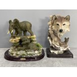 2 x animal ornaments including Elephants and wolves