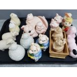 Tray of novelty farm animal salt and pepper shakers, sheep and pigs