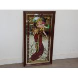 Mahogany framed Art nouveau style wall mirror with lady decoration, 53x99cm