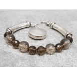 Silver & smokey quartz bead, bar and disc bracelet, 25.6g gross