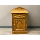 Carved pine bedside cabinet with single drawer and below cupboard