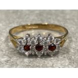 Ladies 9ct gold Garnet and white stone ring. 1.6g size O1/2