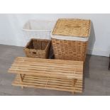 3 Wicker laundry baskets and wooden shoe rack