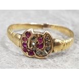 Antique 9ct yellow gold ruby and diamond ring, size N, 1.9g gross