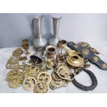 Selection of brassware, buckles, bells, minature ornaments also includes 2 pewter jugs