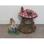 2 heavy stone garden ornaments, mushroom house 44x33cm and garden gnome