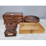 Mahogany jewellery chest plus carved mahogany trinket box wooden fruit bowl etc