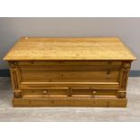 Twin handled carved pine storage trunk fitted with 2 drawers, 107x59cm, H50cm