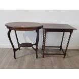 An edwardian mahogany occasional table and an oak occasional table with barley twist legs.