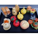 Tray of Novelty salt and pepper shakers, toaster, bird, corn etc