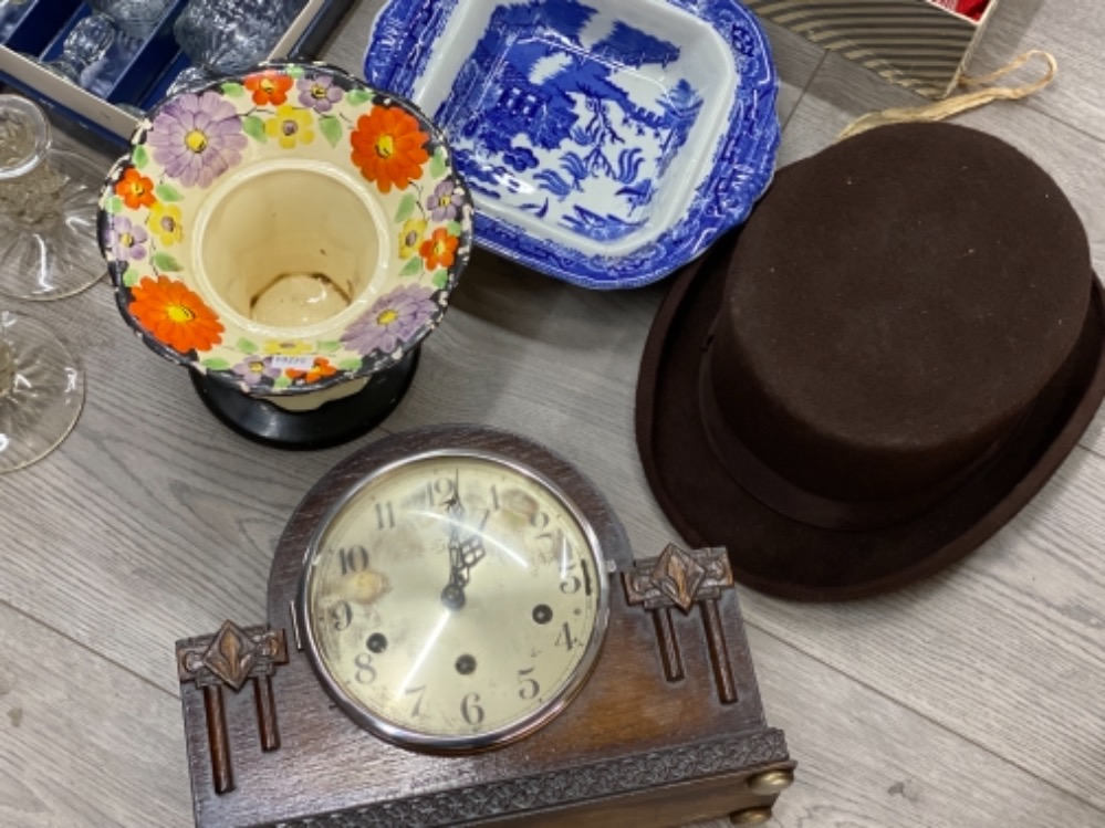 Box containing crystal drinking glass sets, mantle clock, top hat etc - Image 2 of 2