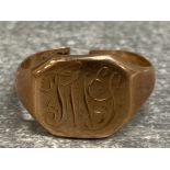 Gents 9ct gold signet ring (band cut), 4.6g