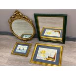 Circular shaped gilt framed mirror plus one other and 2 framed ship prints