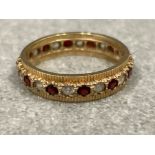 Ladies 9ct gold Garnet and white stone ring. Size R 3.6g