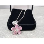 Silver pink & white CZ set flower pendant & chain
