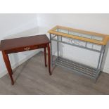 Metal framed glass topped side table together with single drawer Reproduction hall table