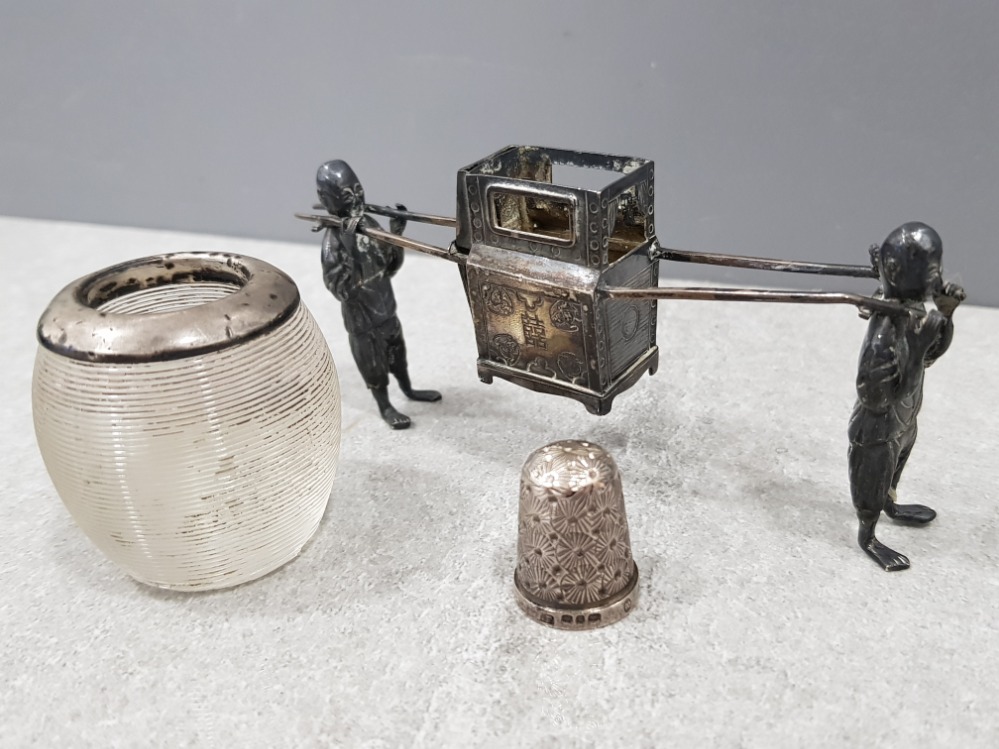 3× sterling silver objects including match striker (Birmingham), Chinese figurine and thimble (