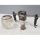 3× sterling silver objects including match striker (Birmingham), Chinese figurine and thimble (