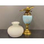 20th century Brass and ceramic oil lamp with glass shade