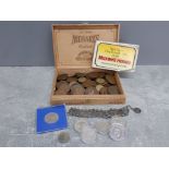 Mehari's cigar box filled with pre-decimal coinage together with white metal French bracelet, 1959