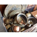 Box containing a large Quantity of vintage brassware, pots, plaques etc