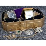 Box of gold plated, silver and other costume jewellery- also including 2× travelling clocks by